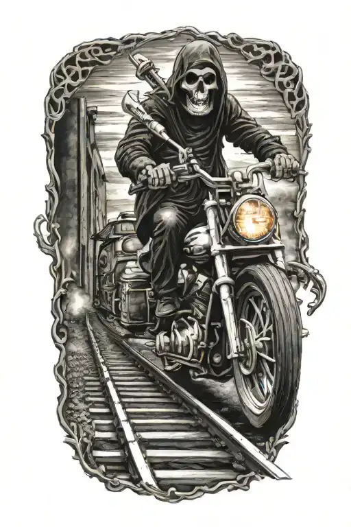 Grim Reaper riding an evil railroad track with harley engines tattoo design idea