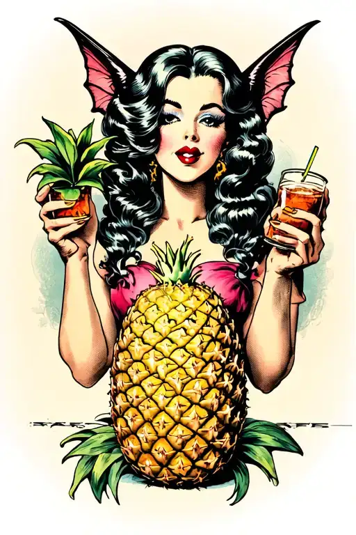 pinup succubus holding drink made out of an upside down pineapple tattoo design idea