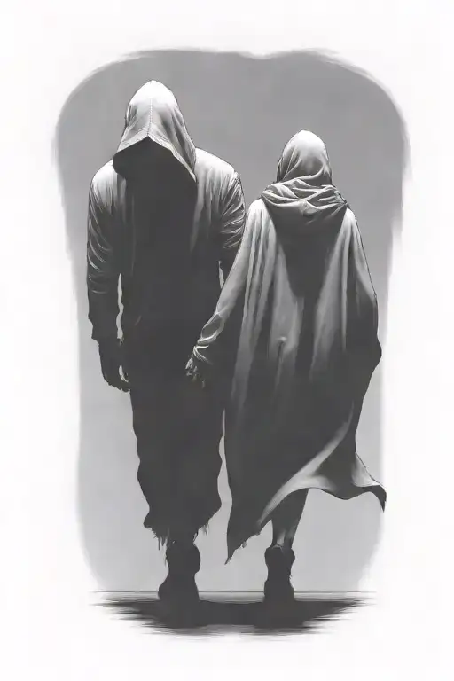 a woman and a huge hooded demon reaper walking away together tattoo design idea