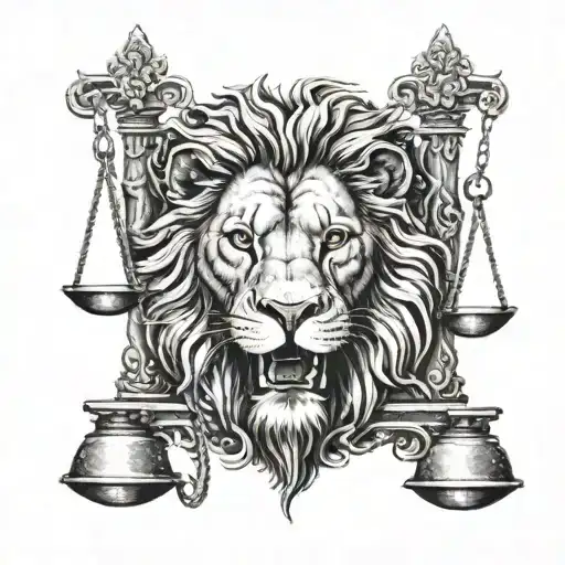 lion head biting scales of justice tattoo design idea