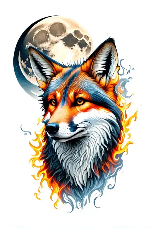 Renard and fire moon tattoo design idea