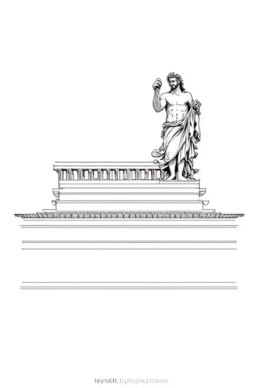 Epic tattoo design for inner forearm. Zeus in a dynamic pose standing atop the Parthenon temple. tattoo design idea
