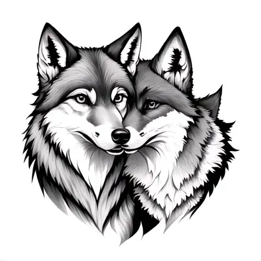 wolf and fox couple tattoo design idea