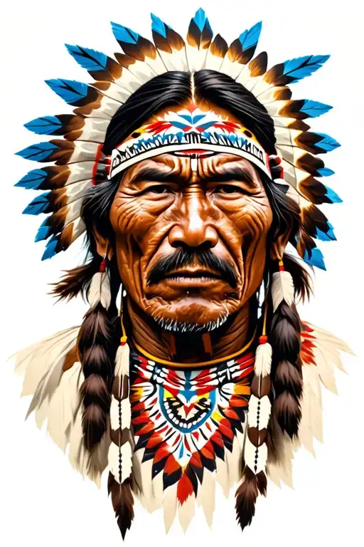 eve American Indian man (Hala y) with wrinkles and on his face symbols of their cultures tattoo design idea