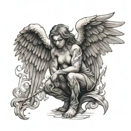 An angel stands on one knee with wings scorched by fire tattoo design idea