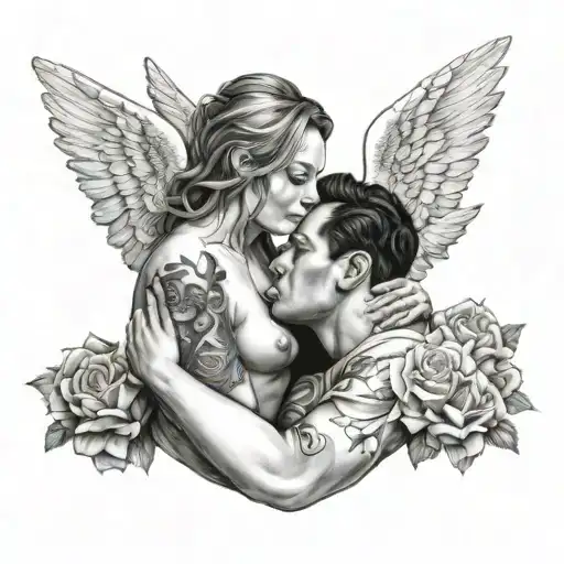 Car crash survivor kissed by an angel holding tattoo design idea