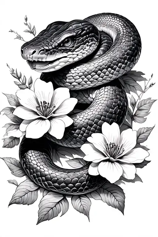Hognose snake and flowers blooming tattoo design idea