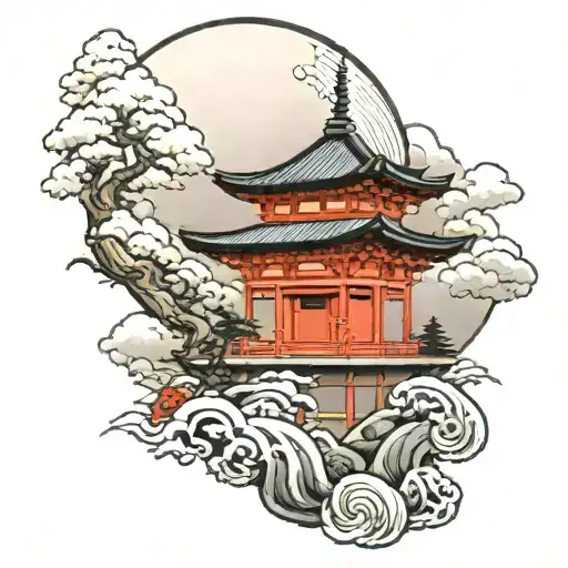Japanese temple and moon with mountains inside tattoo design idea