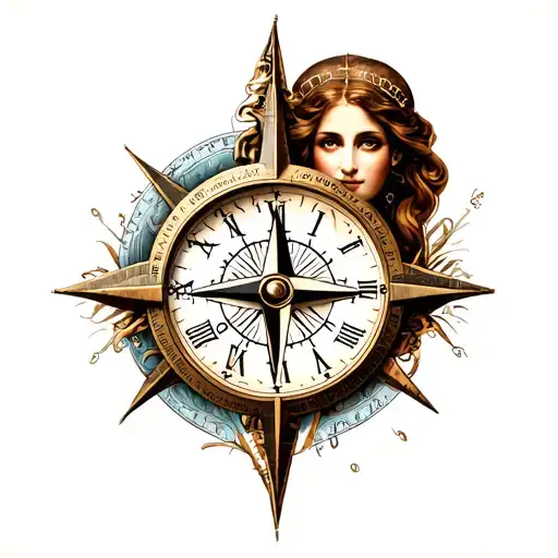 clock compass and lady head surrounded tattoo design idea