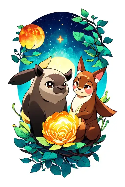 I need a tattoo of Appa and Momo from Avatar the Last Airbender with space to include my two pets, spiritual style tattoo design idea