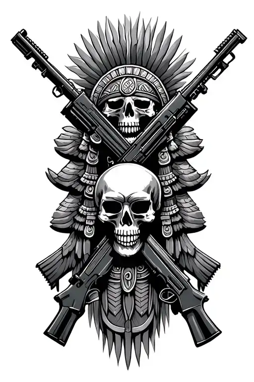 two ak 47 rifles crossed with a skull in the middle. along with Aztec warriors with skulls lined up side by side.  tattoo design idea