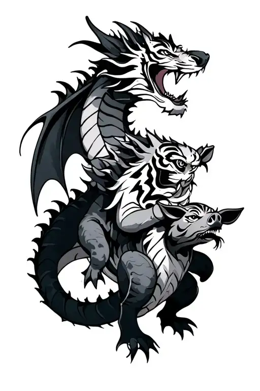 earth dragon with water tiger and wood pig holding tattoo design idea