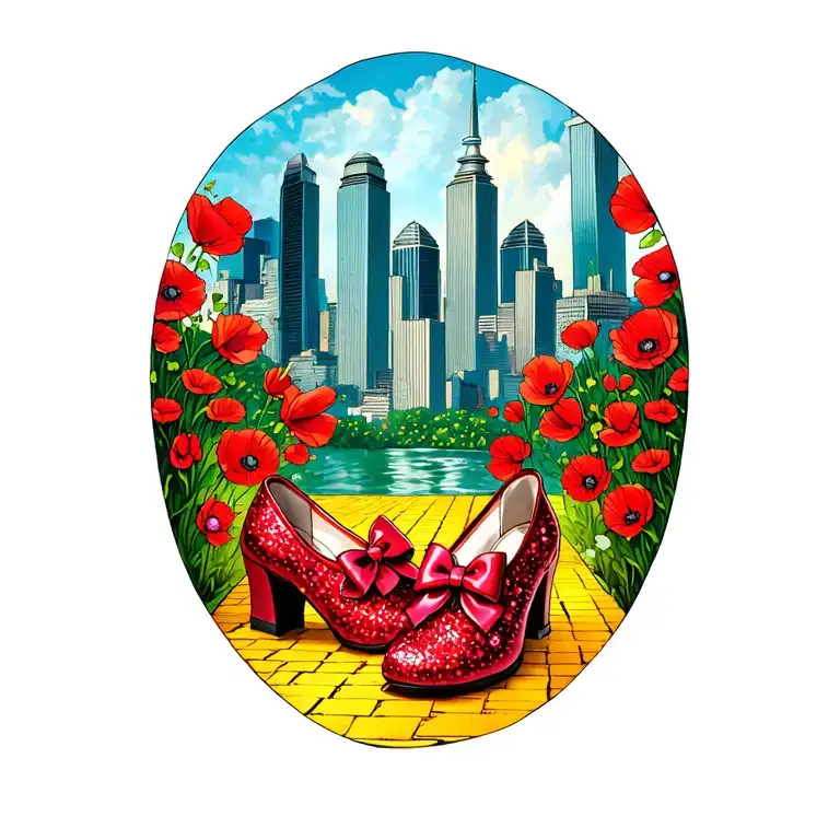 Two Sparkly Red Ruby Shoes With Bows On Toe on yellow brick With The Emerald City in background And poppies tattoo design idea