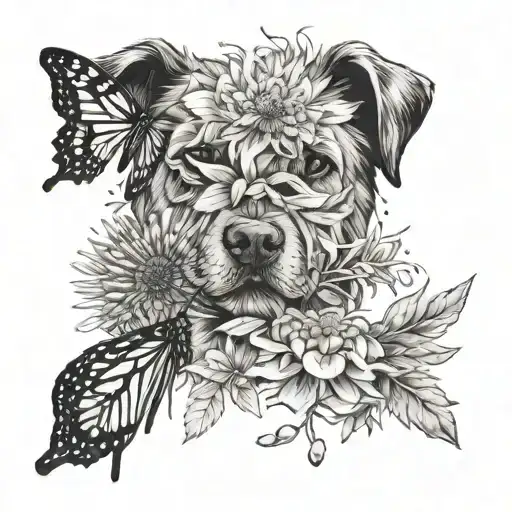 dog paw and butterfly and dandelion tattoo design idea