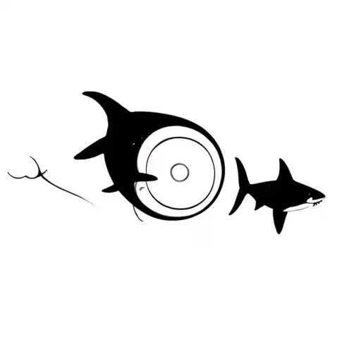 a cd with a tiny dolphin and a tiny shark black silhouette in the clear inner hub tattoo design idea