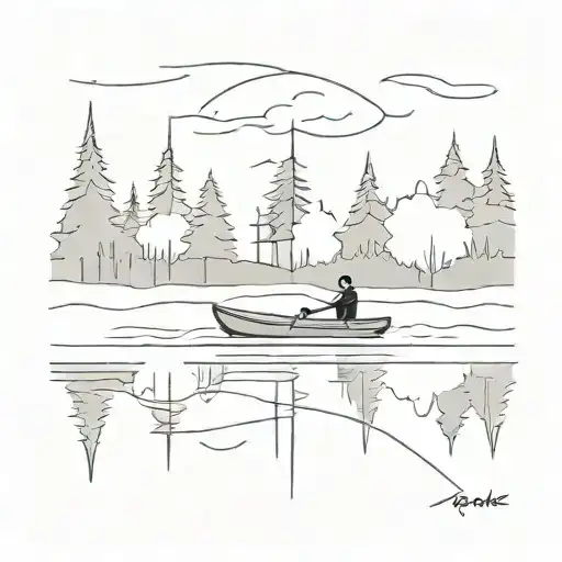 empty kayak, slightly angles towards bottom left, on a calm lake surrounded by trees tattoo design idea