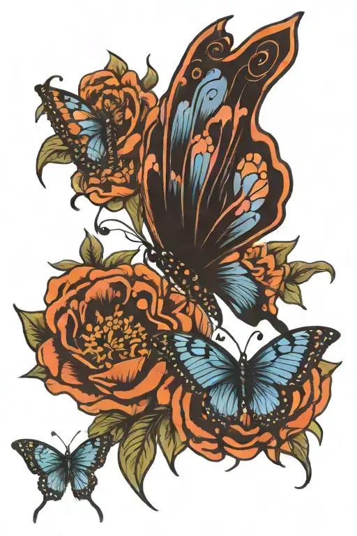flowers with butterfly's wings vivid blue tattoo design idea