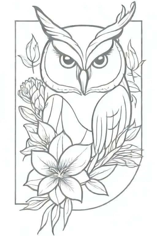 owl face with no geometric surrounded by cosmo flower and gladiolus flower tattoo design idea