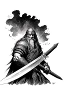 Nordic viking warrior wielding his sword amidst dark storm with soul less eyes tattoo design idea