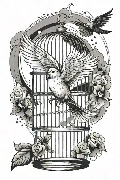 fine line bird flying out of the cage with word HOPE tattoo design idea