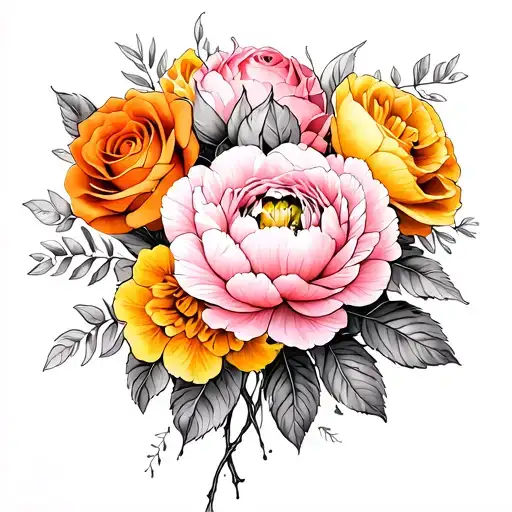 pink peony flowers, orange and yellow roses, philadendron leaves, roots at the bottom tattoo design idea