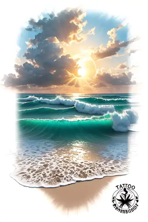 sun rays, clouds floating,sand and sea waves wind blowing tattoo design idea
