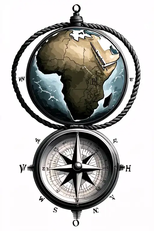 Detailed compass with rope going over the compass underneath it with a map of Africa with maintains with an airplane  tattoo design idea