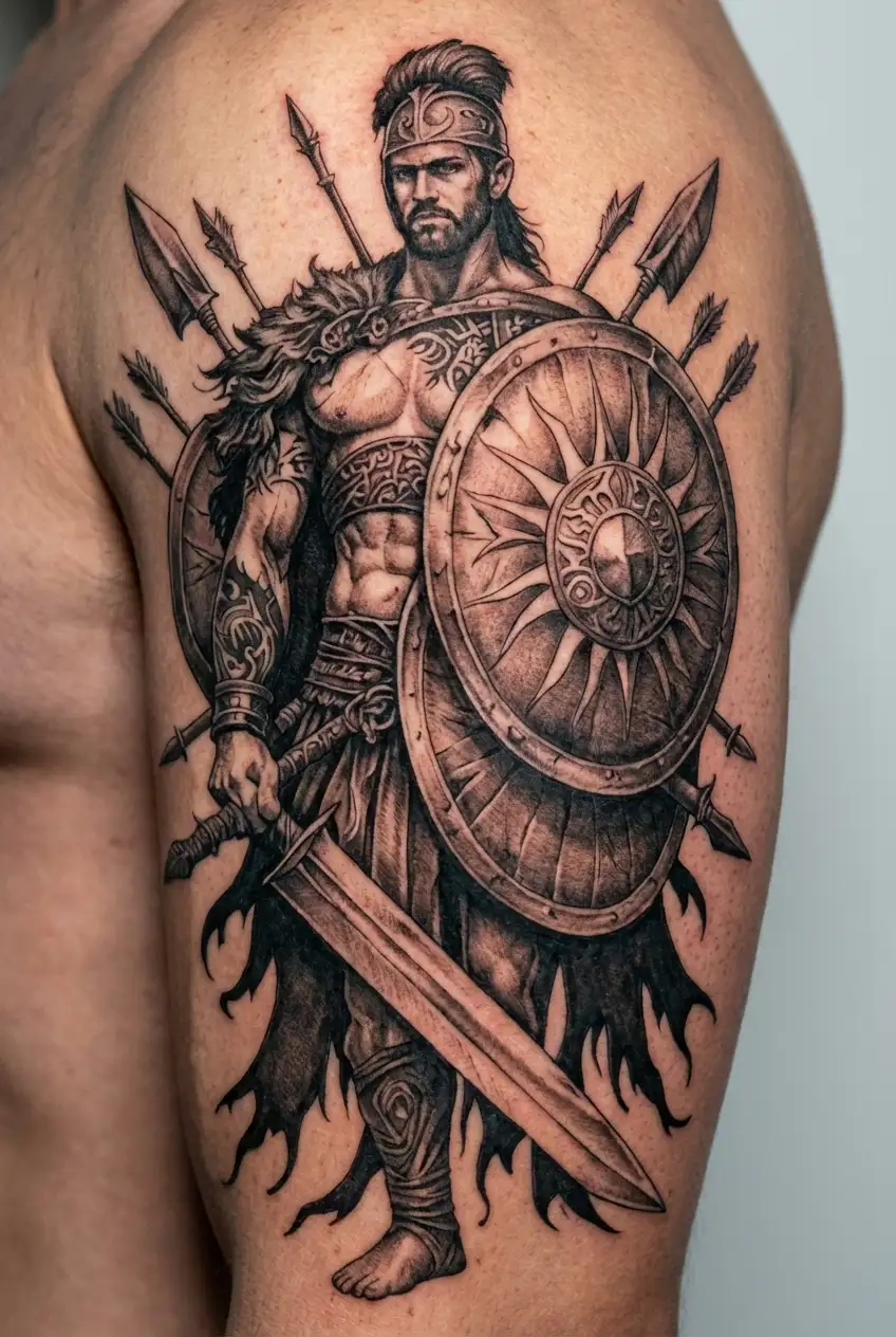 Gladiator theme with multiple shields, swords and arrows. Warrior's spirit with cuts and blood tattoo design idea