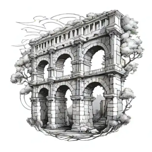 Combine the beauty of an Ancient Roman aqueduct with a symbolic representation of Marllei-Ann in a black-grey style tattoo tattoo design idea