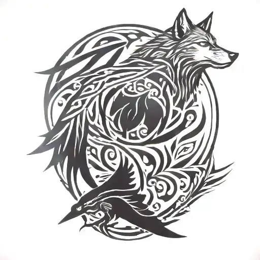 Wolf and black and white crow perched tattoo design idea