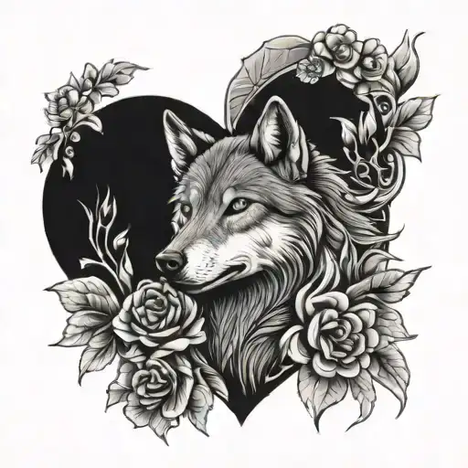 wolf flowers surrounding and hearts tattoo design idea