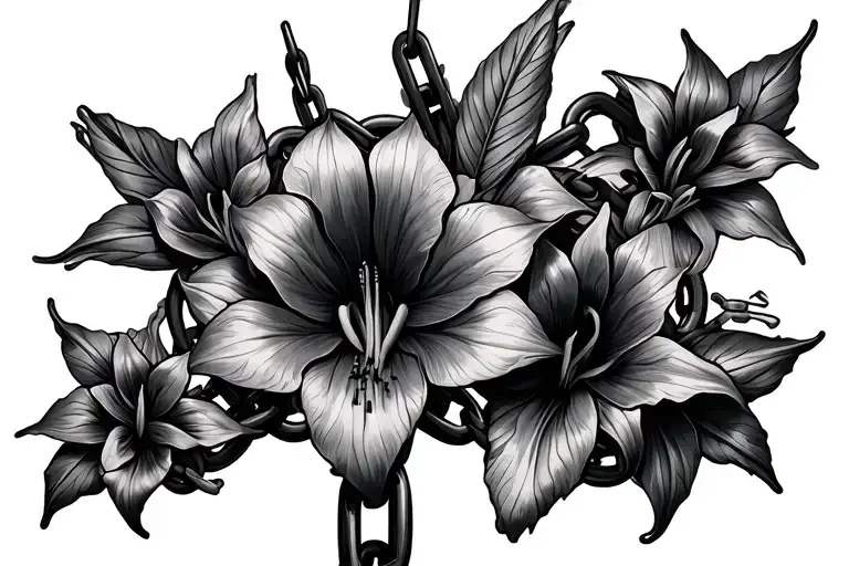 multiple broken chains with amaryllis flowers intertwined  tattoo design idea