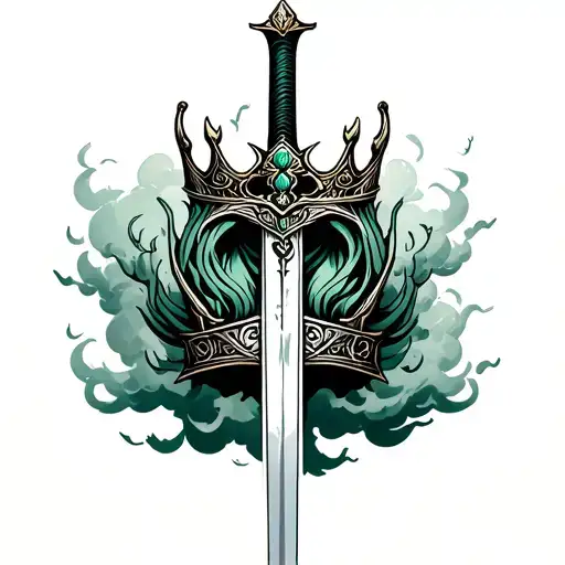 jade sword crown and cloudy tattoo design idea