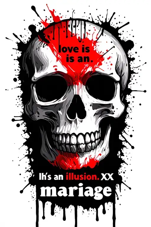 "love is an illusion:X marriage" a small and simple + minimalistic danger warning sign using skull with text underneath  tattoo design idea