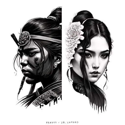 half samurai paint and half girl face on thigh tattoo design idea