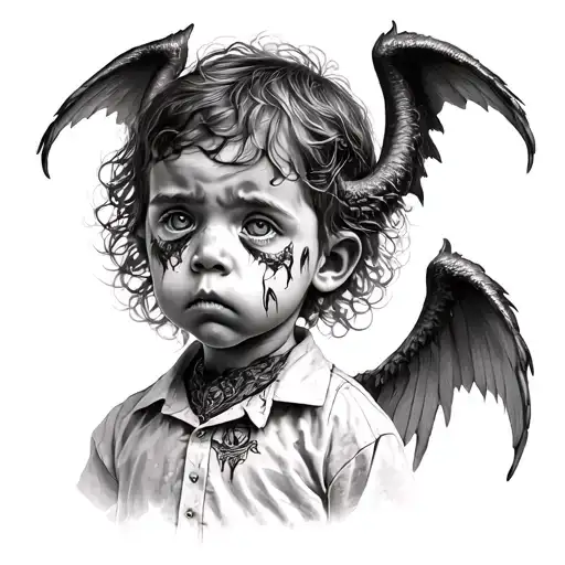sad child with demon and agel wings  tattoo design idea