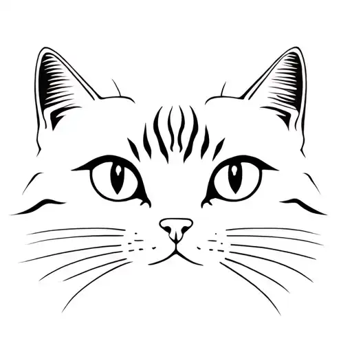 Minimalist black-ink tattoo design featuring the close-up eyes, nose, and whiskers of a silver tabby cat in precise East tattoo design idea