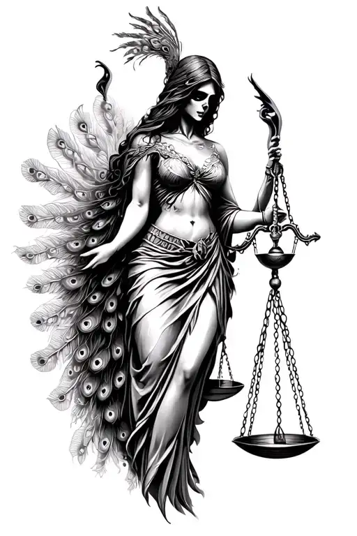 lady justice grim reaper peacock tattoo design idea