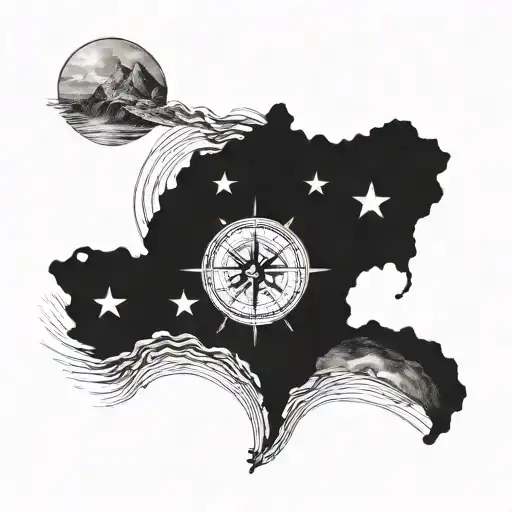 Incorporate elements of Texas, China, Taiwan, and Biervliet, Zeeland into a tattoo design centered around a compass, with subtle natural elements like waves and mountains to represent each location. tattoo design idea