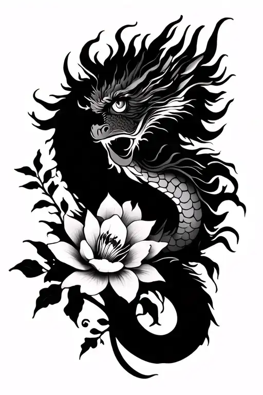 Vietnamese feminine dragon with Vietnam mai flower for a woman back arm, thin  tattoo design idea