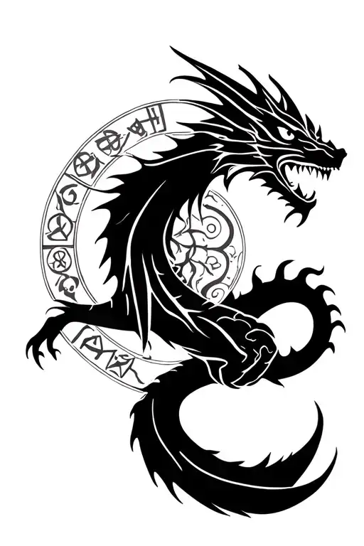 a simple dragon flying with nordic runes around and yggdrasil on the backgound tattoo design idea