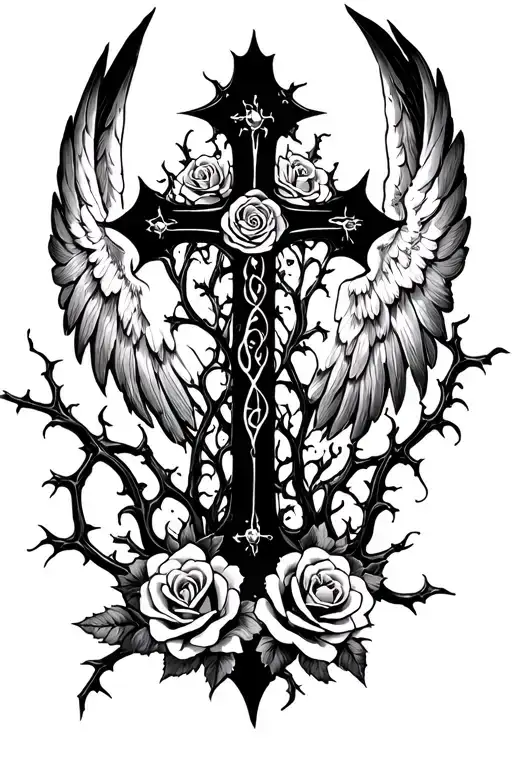 gothic cross with angel wings and vines with thorns wrapping. with roses tattoo design idea
