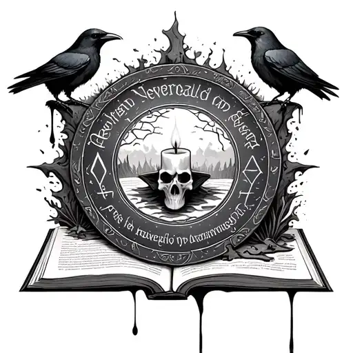 occult symbols, alchemical circle with 'Neverland' carved in Latin, crow skulls, candle wax dripping onto rotting pages, tattoo design idea