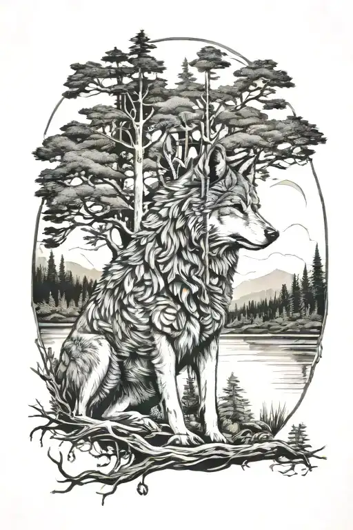 wolf in howling forest scene tattoo design idea