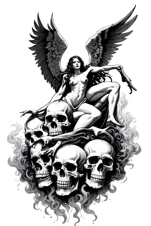 ARCH Angel killing demon on pile of smokey skulls tattoo design idea
