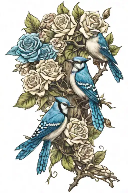 Jasmine flowers, roses intertwining,  blue jay birds tattoo design idea
