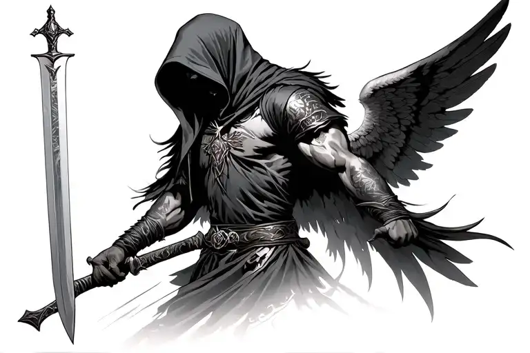 A dark angel with a hood no visble face and big wings on his back holding a sword showing his side tattoo design idea