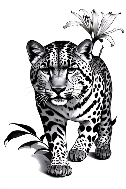 Snow leopard walk full body, spider Lily flower tattoo design idea