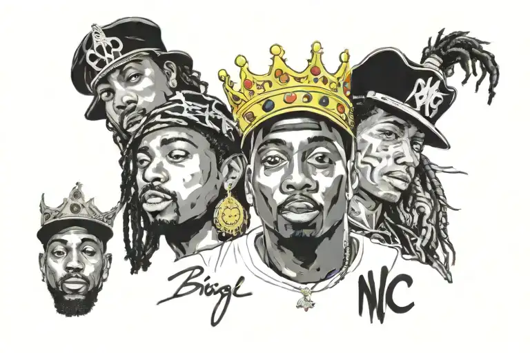 Biggie left (with a crown and NYC), tupac in the middle (west side symbol) michael jackson on the right with a hat dance tattoo design idea