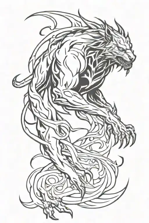 demonic beast transparent line sleeve tattoo design idea